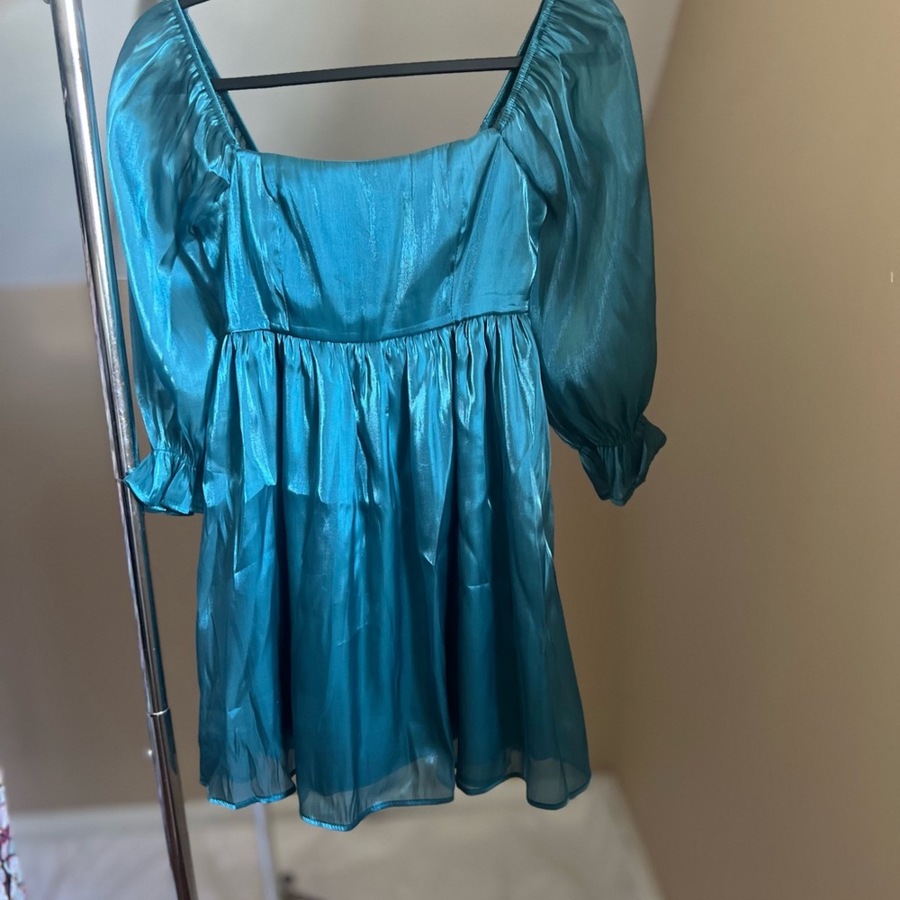 Twenty Teal Satin Blouse with Puff Sleeves